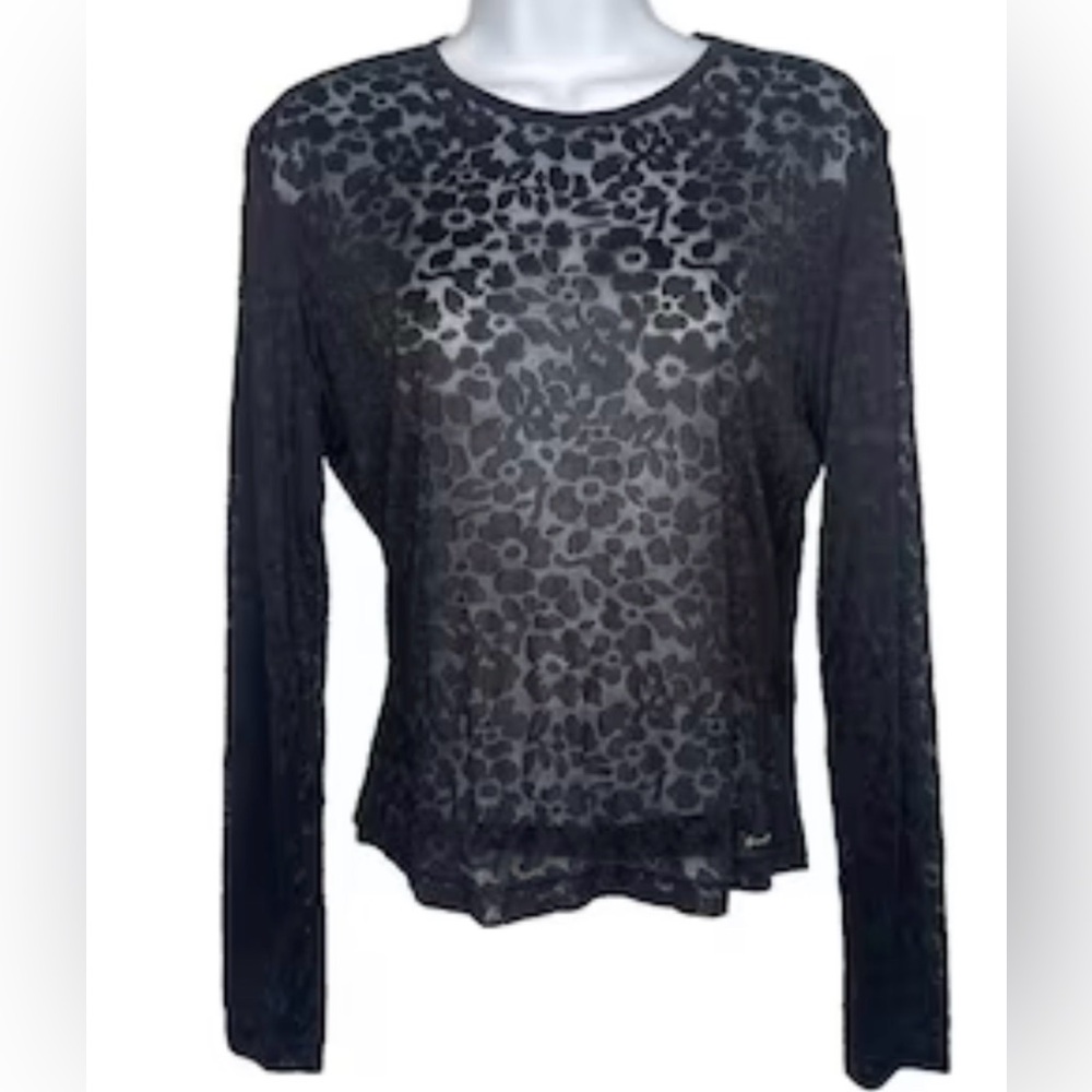Guess Black Vintage Floral Sheer Stretch Mesh 90’s Long-Sleeve Top XL